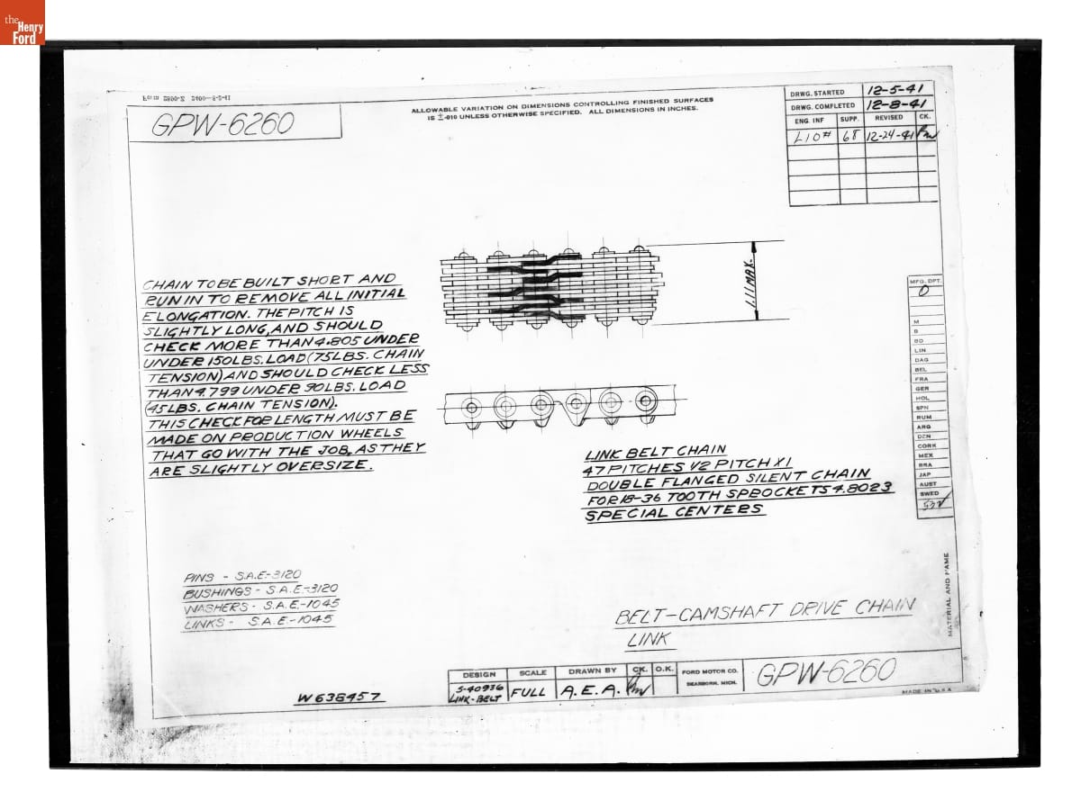 Drawing, "Belt - Camshaft Drive Chain Link," Ford GPW, June 24, 1941