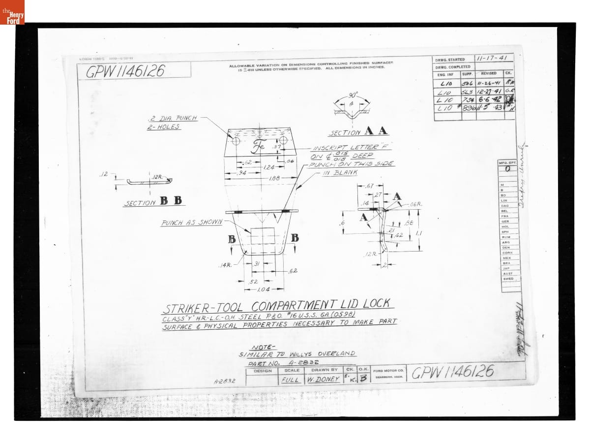 Drawing, "Striker - Tool Compartment Lid Lock," Ford GPW, November 5, 1943