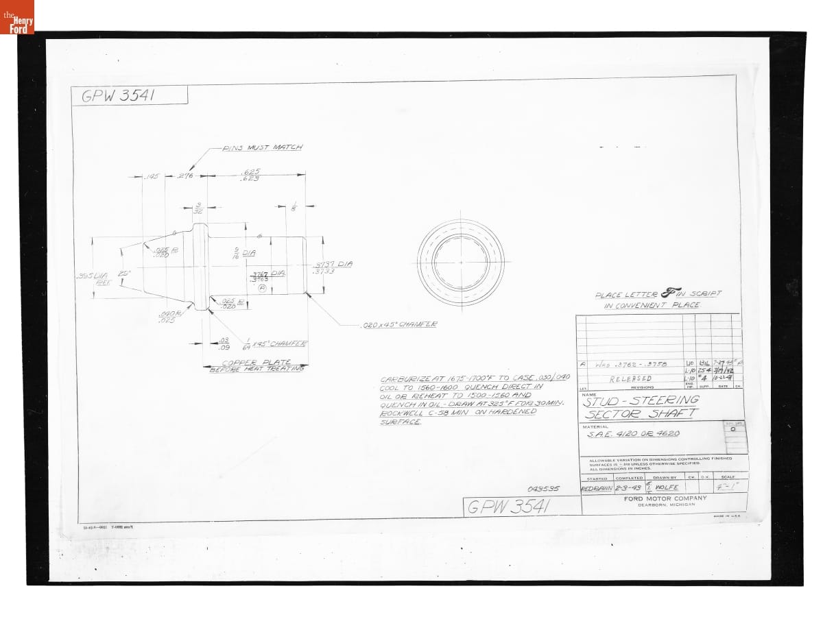 Drawing, "Stud - Steering Sector Shaft," Ford GPW, July 27, 1945