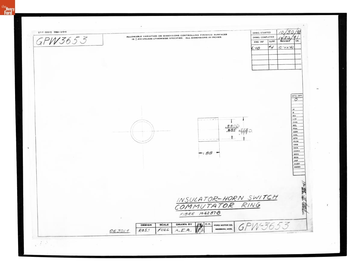 Drawing, "Insulator - Horn Switch Commutator," Ford GPW, October 30, 1941
