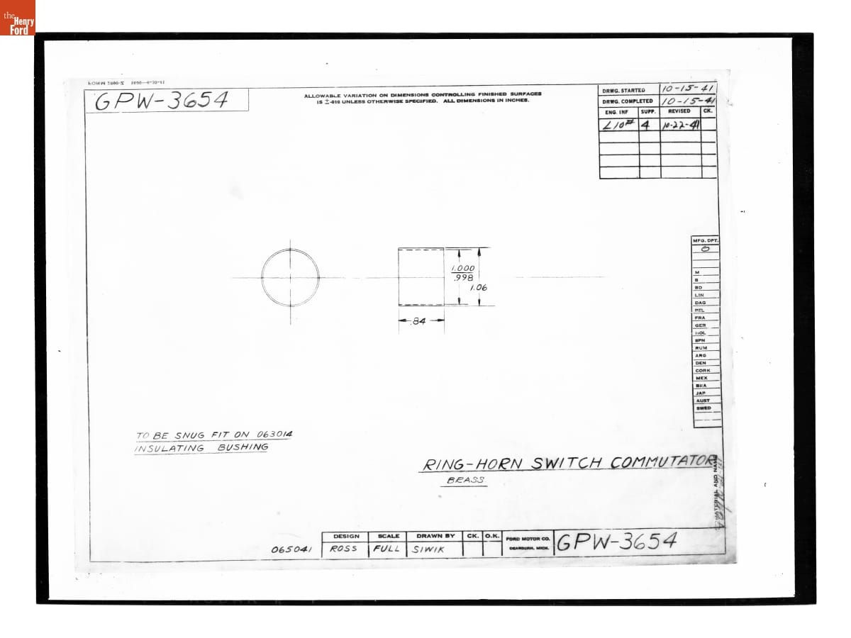 Drawing, "Ring - Horn Swich Commutator," Ford GPW, October 22, 1941
