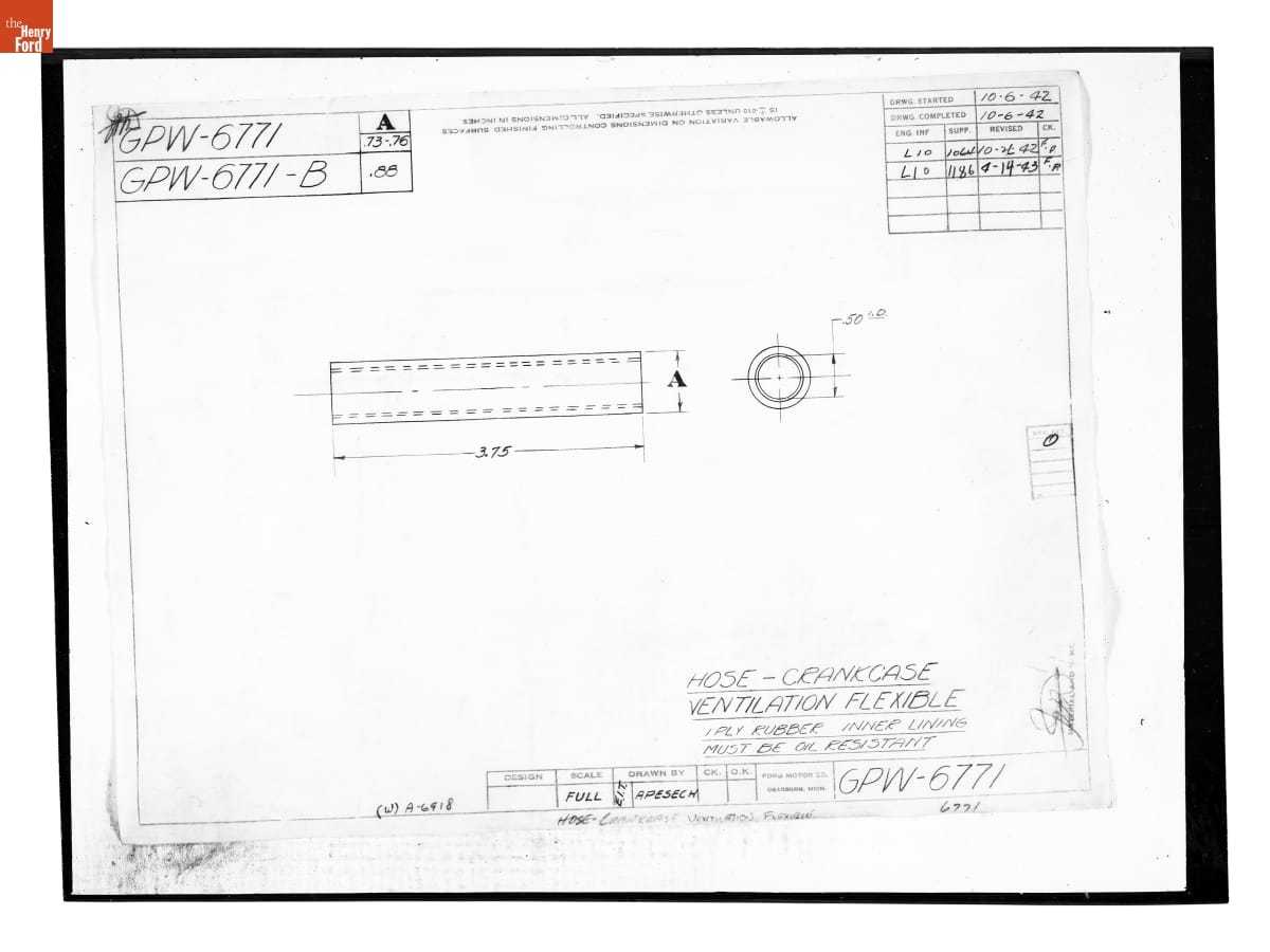 Drawing, "Hose - Crankcase Ventilation Flexible," Ford GPW, April 14, 1943