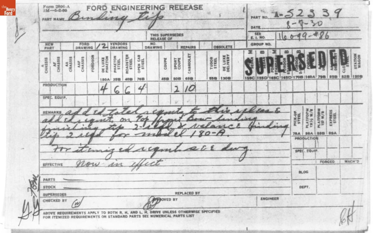 Ford Structured Notes Engineering Release Notes, Binding Finishing Tip, Ford Model A, 1928-1931