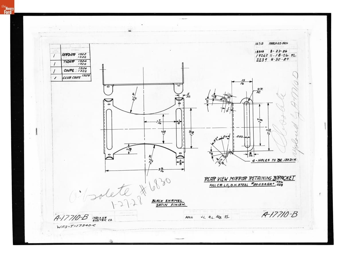 Drawing, "Rear View Mirror Retaining Bracket," Ford Model A, August 30, 1927