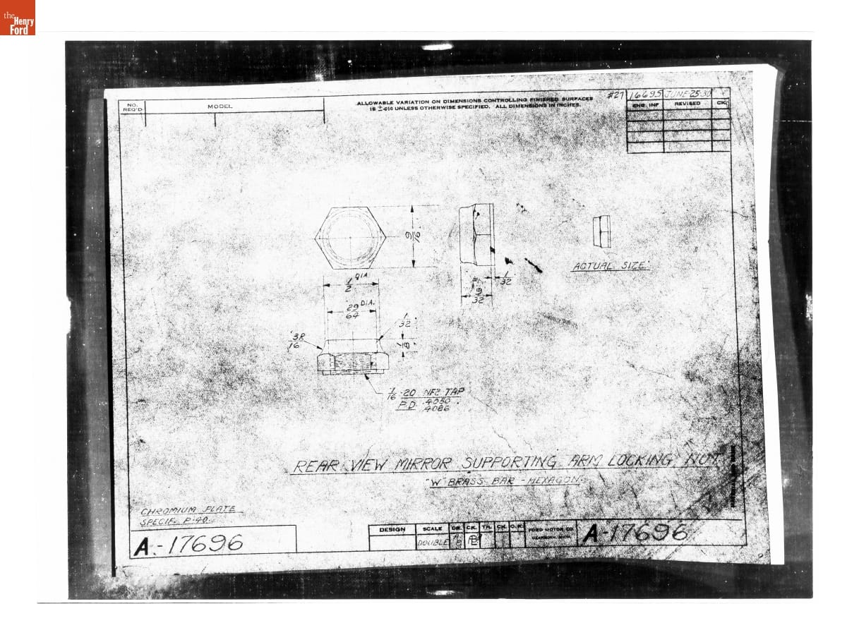 Drawing, "Rear View Mirror Supporting Arm Locking Nut," Ford Model A, June 25, 1930
