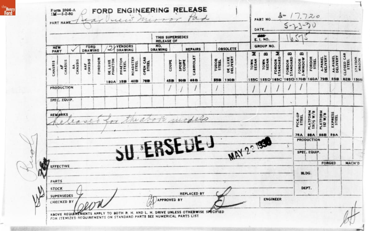 Ford Structured Notes Engineering Release Notes, Rear View Mirror Pad, Ford Model A, 1930-1938
