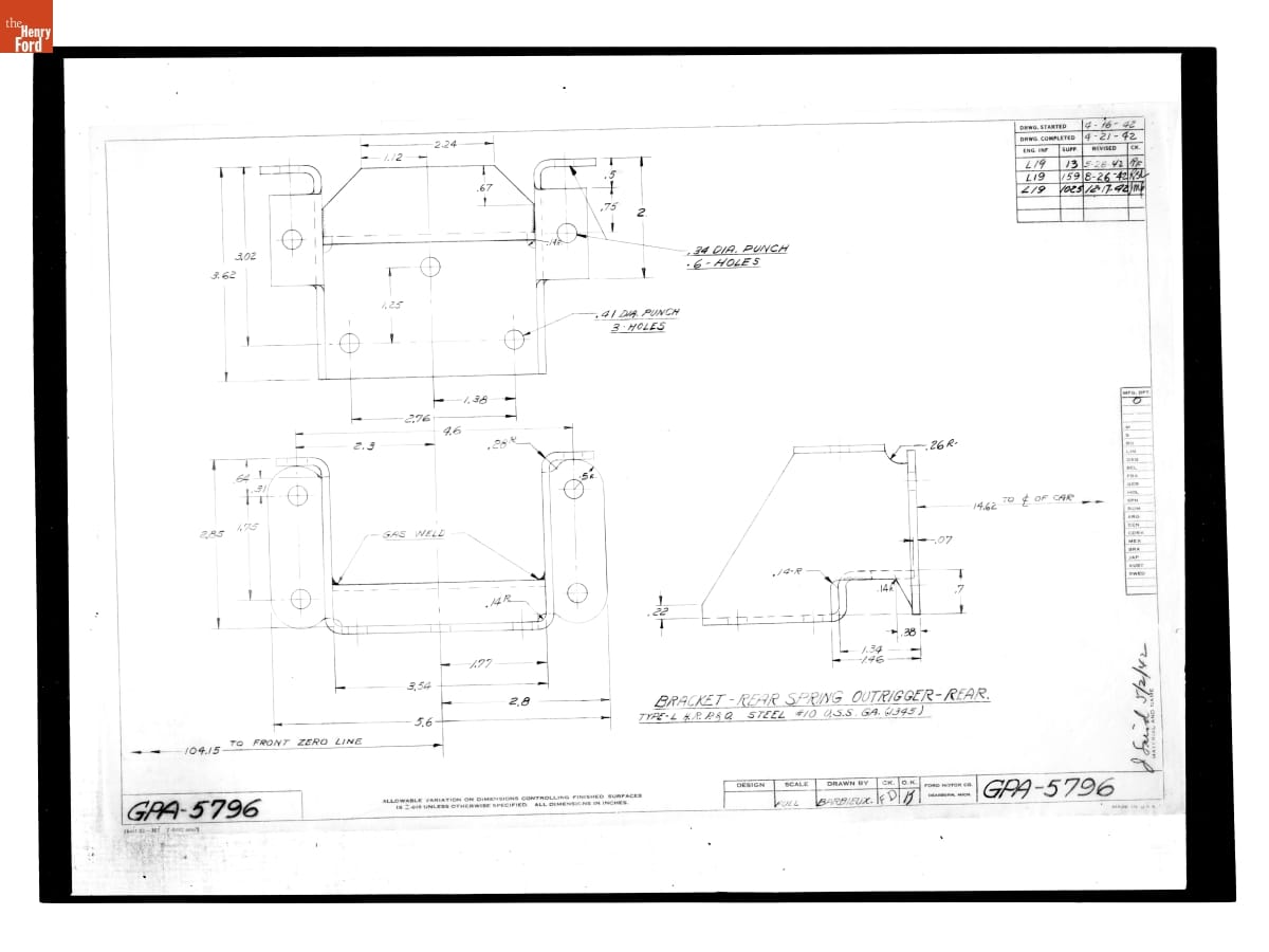 Drawing, "Bracket - Rear Spring Outrigger - Rear," Ford GPA, December 17, 1942