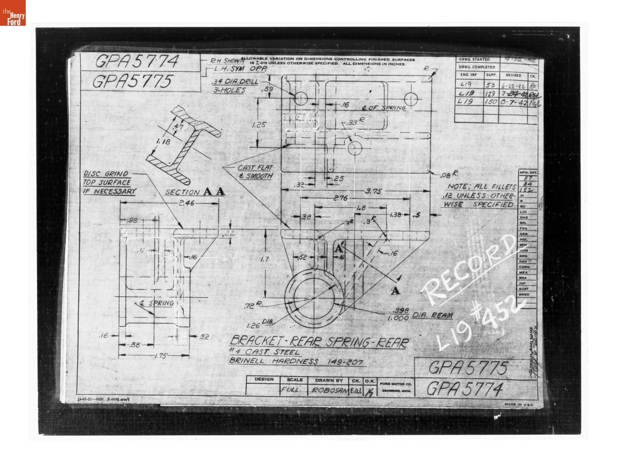 Drawing, "Bracket - Rear Spring - Rear," Ford GPA, August 7, 1942