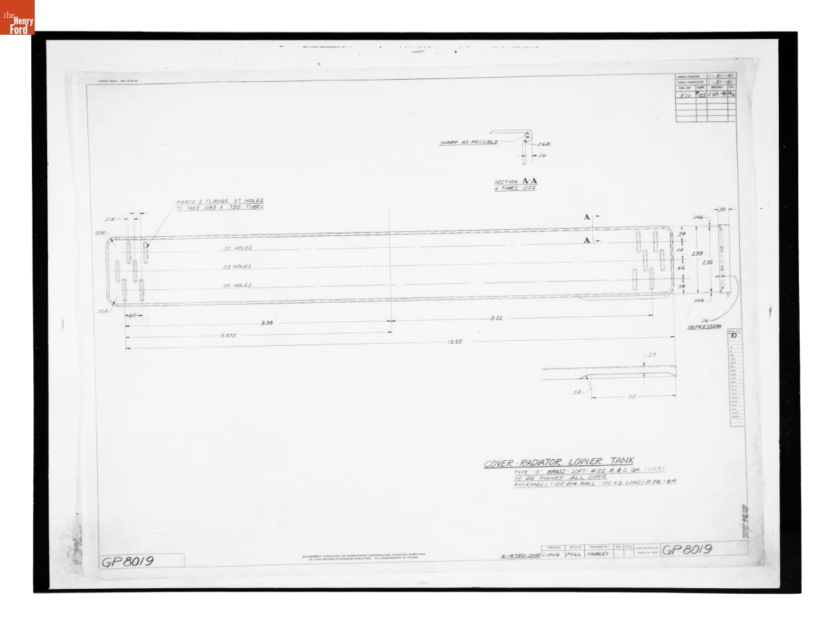 Drawing, "Cover - Radiator Lower Tank," Ford GP, March 26, 1941