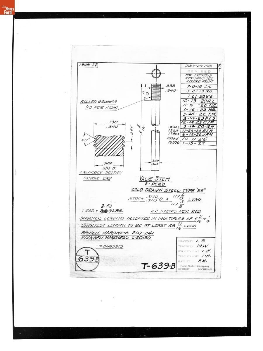 Drawing, "Valve Stem," Ford Model T, January 15, 1927