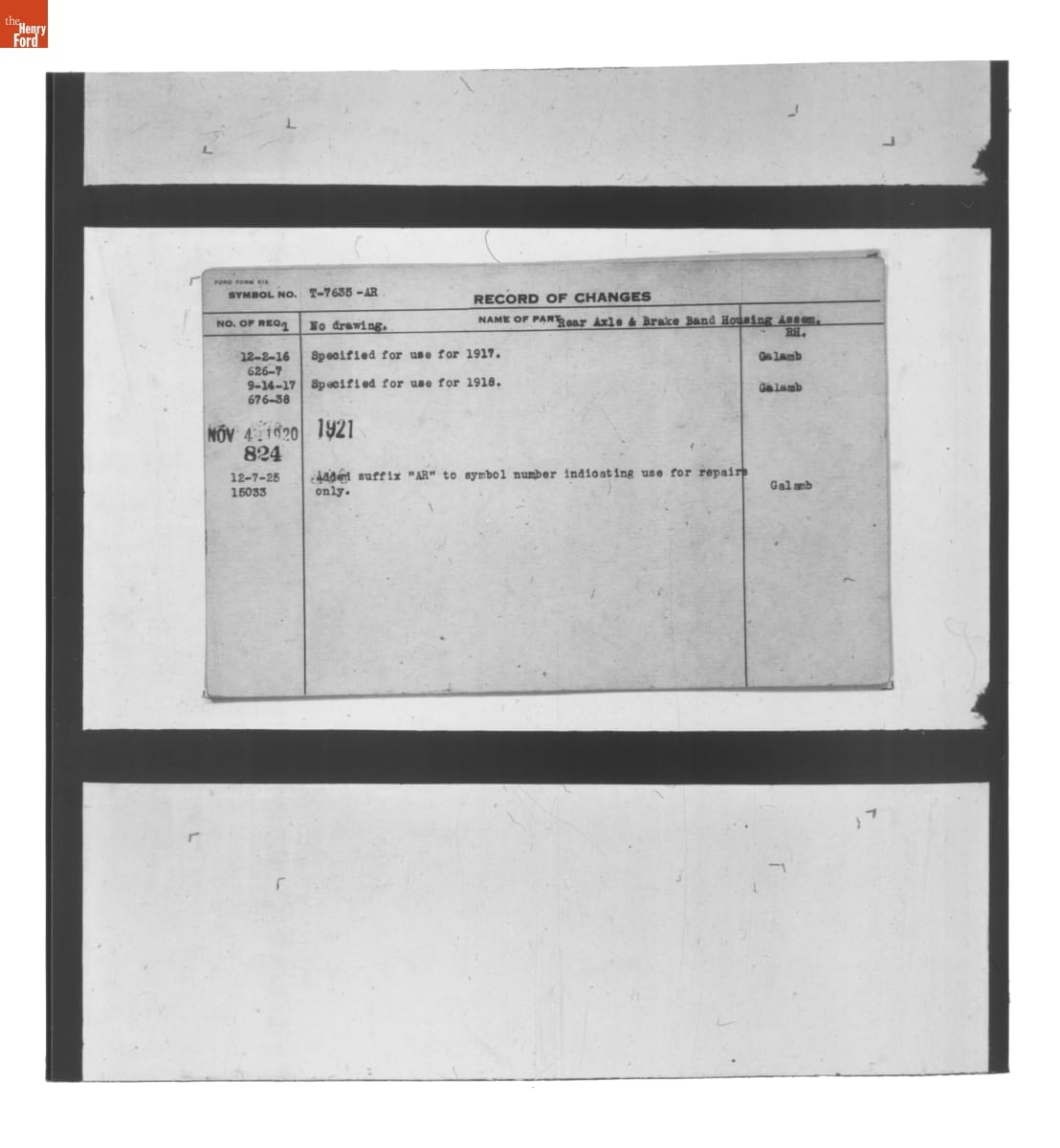 Engineering Release Notes, Rear Axle & Brake Band Housing Assembly, Ford Model T, 1916-1925