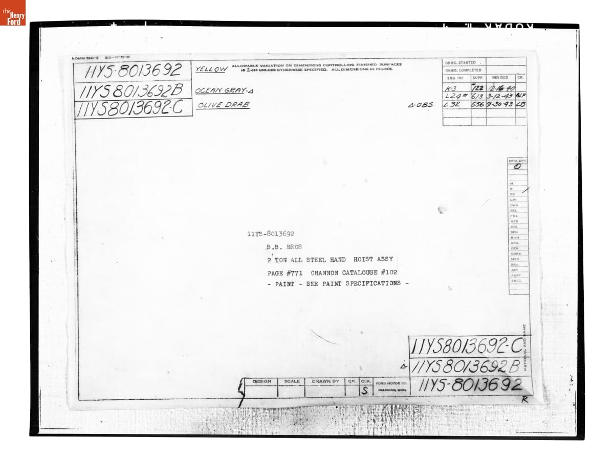 Parts List, Hand Hoist Assembly Ford Automobile, September 30, 1943