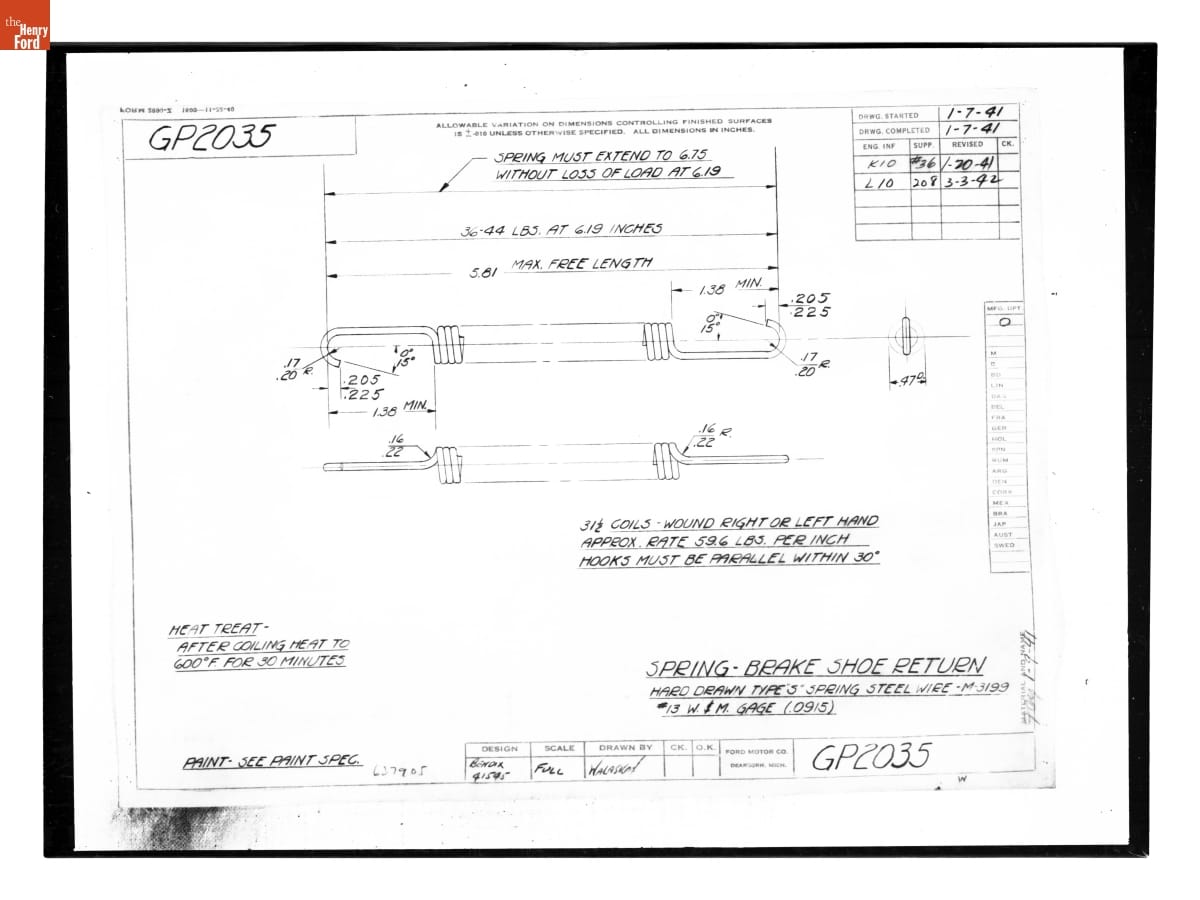 Drawing, "Spring - Brake Shoe Return," Ford GP, March 3, 1942