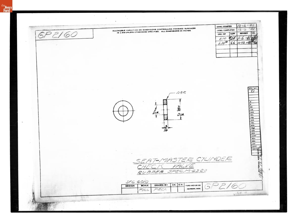 Drawing, "Seat - Master Cylinder Check Valve," Ford GP, December 23, 1941