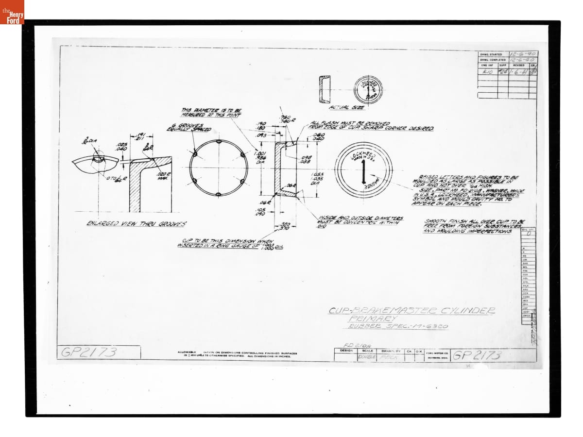 Drawing, "Cup - Brake Master Cylinder Primary," Ford GP, January 6, 1941