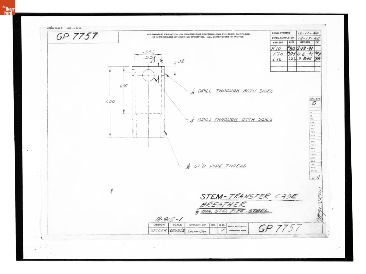Drawing, "Stem - Transfer Case," Ford GP, March 10, 1942