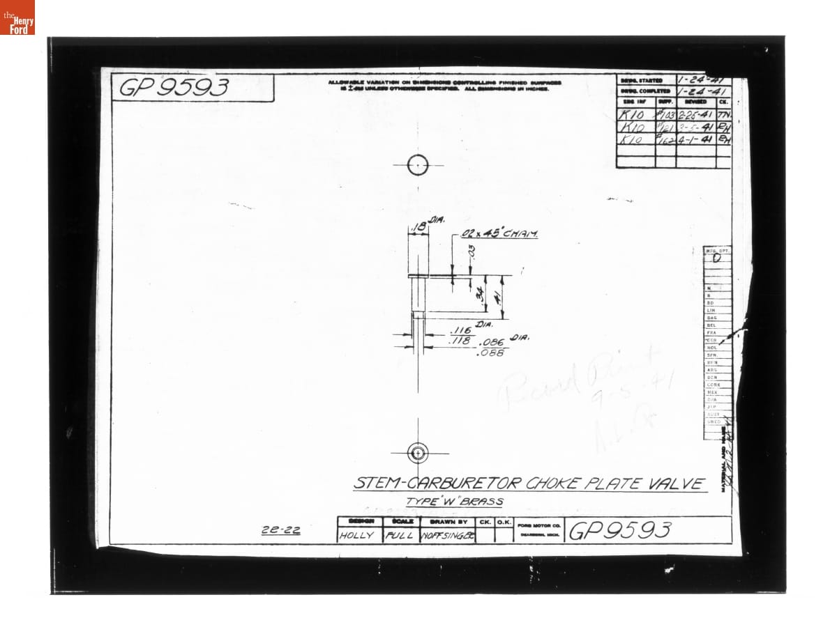Drawing, "Stem - Carburetor Choke Plate Valve," Ford GP, April 1, 1941
