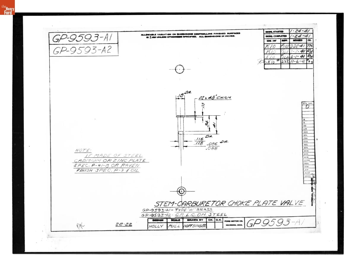 Drawing, "Stem - Carburetor Choke Plate Valve," Ford GP, November 6, 1941