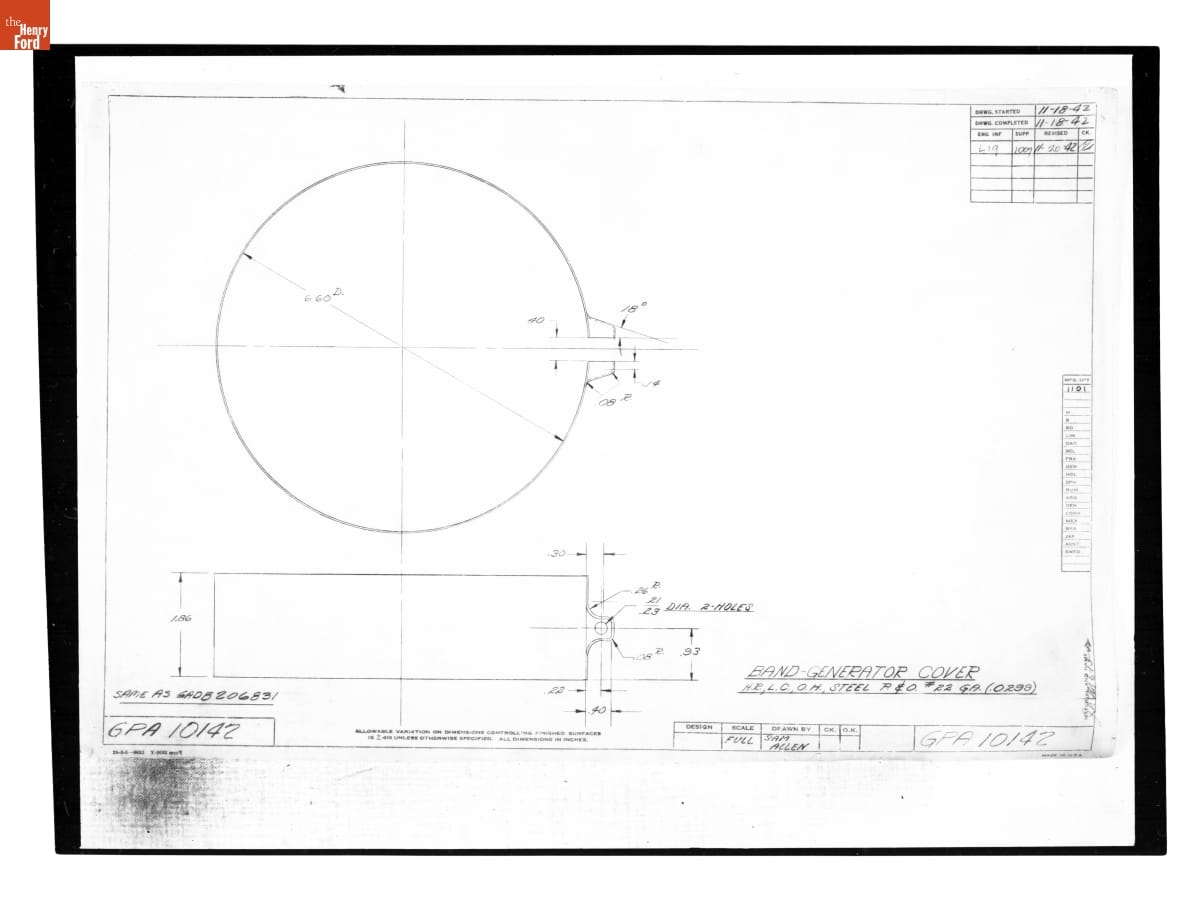 Drawing, "Band - Generator Cover," Ford GPA, November 20, 1942