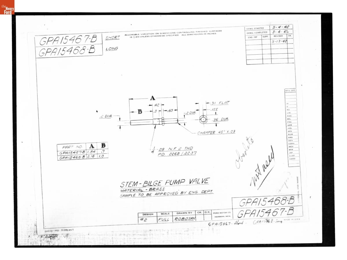 Drawing, "Stem - Bilge Pump Valve," Ford GPA, March 13, 1942