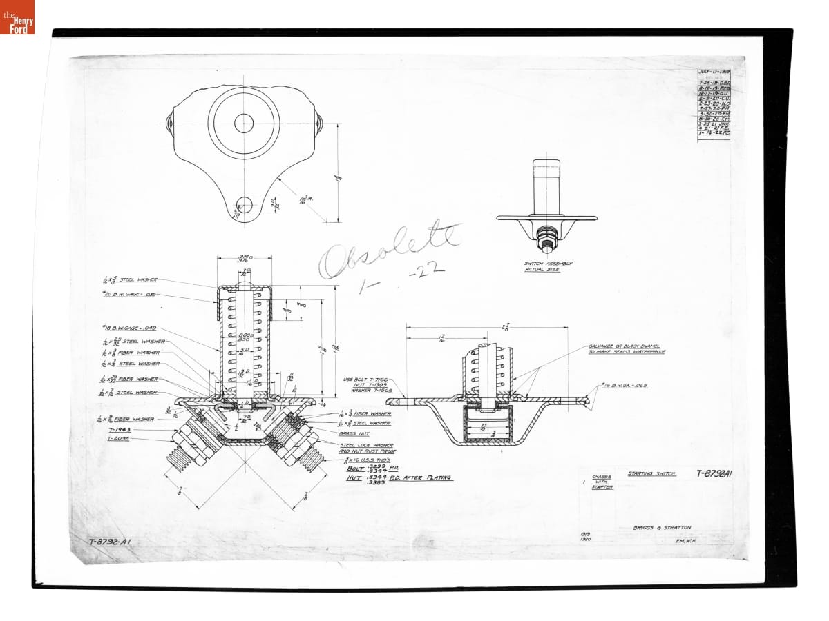 Drawing, "Staring Switch," Briggs & Stratton Design, Ford Model T, January 14, 1922