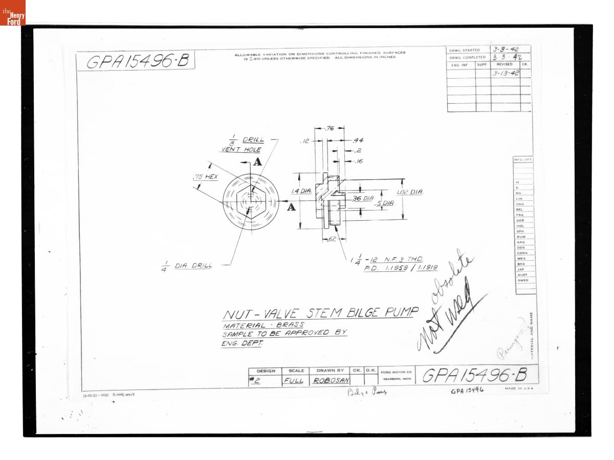 Drawing, "Nut - Valve Stem Bilge Pump," Ford GPA, March 13, 1942