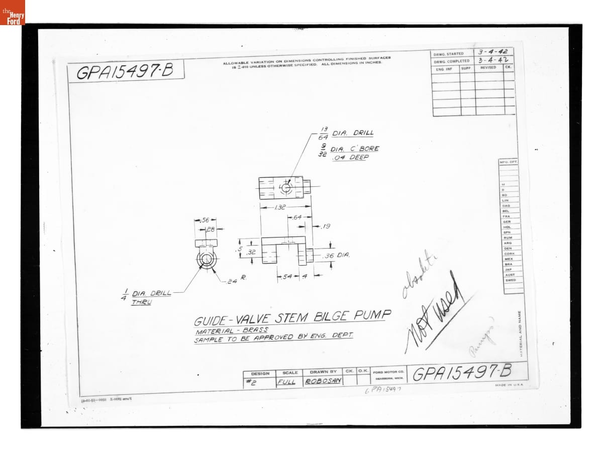 Drawing, "Guide - Valve Stem Bilge Pump," Ford GPA, March 4, 1942