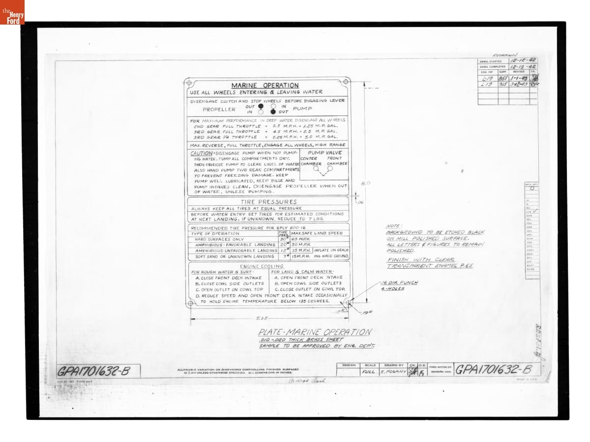 Drawing, "Plate - Marine Operation," Ford GPA, March 12, 1943
