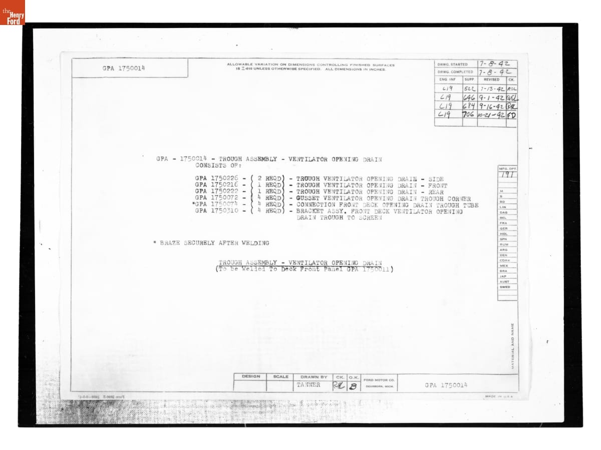 Parts List, "Trough Assembly - Ventilator Opening Drain," Ford GPA, October 21, 1942
