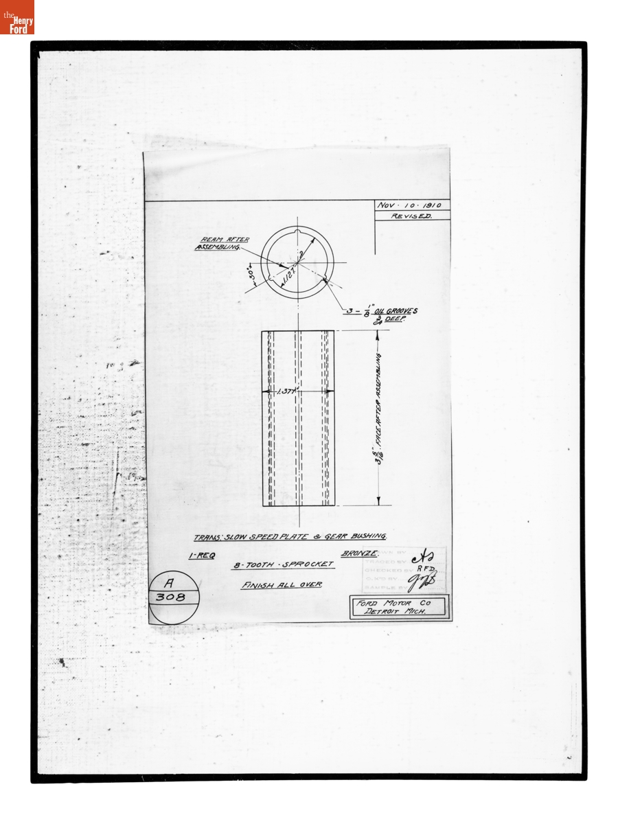 Drawing, "Transmission Slow Speed Plate & Gear Bushing," 1903 Ford Model A, November 10, 1910
