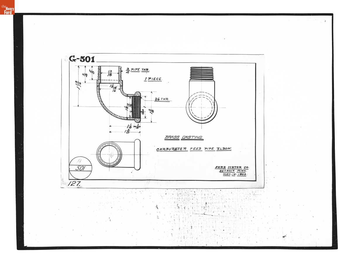 Drawing, "Carburetor Feed Pipe Elbow," 1903 Ford Model A, May 14, 1903