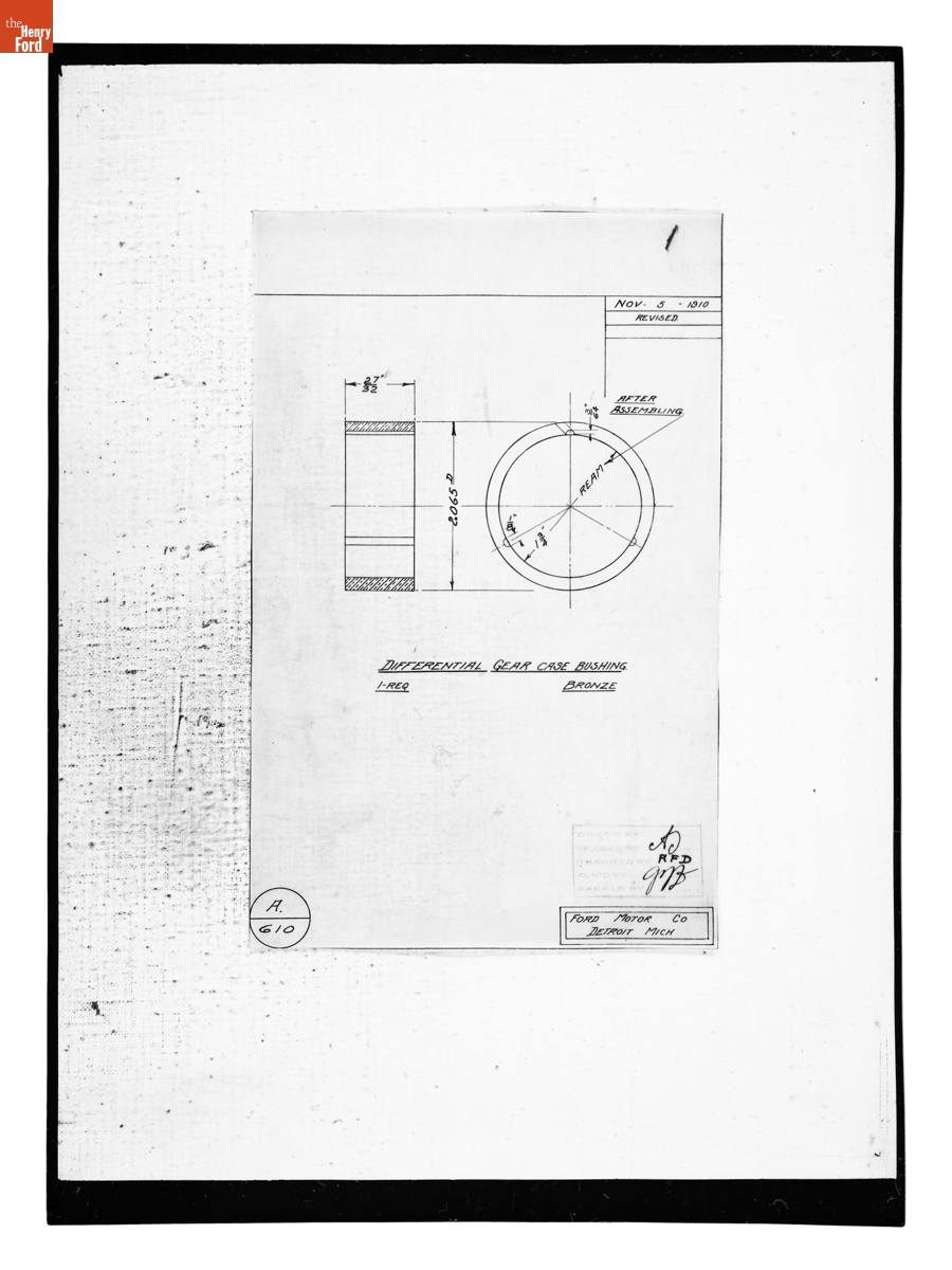 Drawing, "Differential Gear Case Bushing," 1903 Ford Model A, November 5, 1910