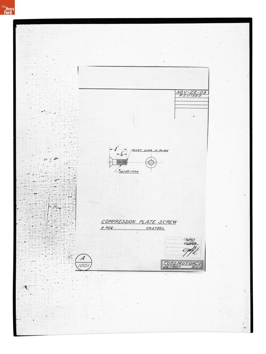 Drawing, "Compression Plate Screw," 1903 Ford Model A, November 22, 1909