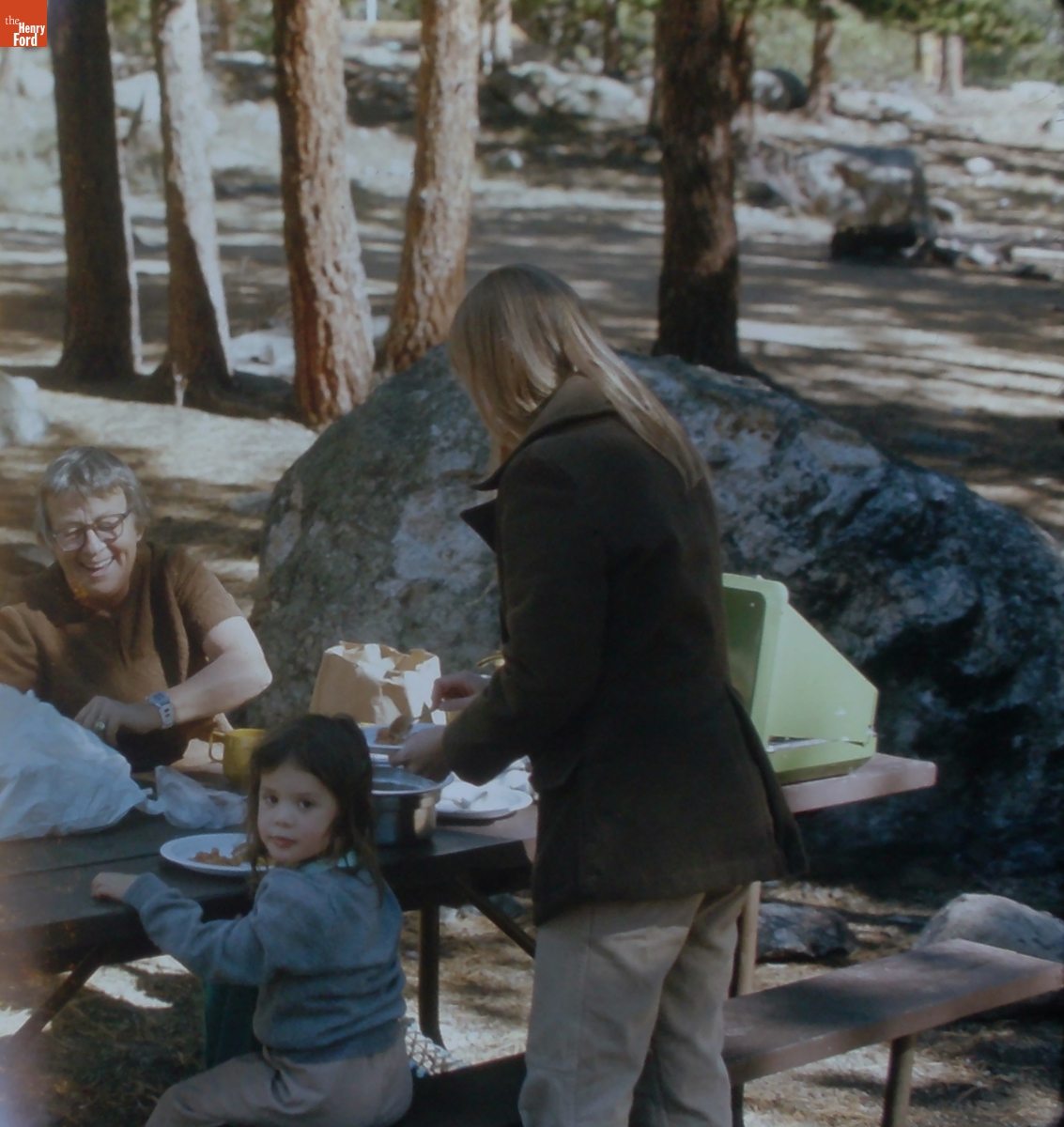 Emeline Miner Picnicking with Daughter-in-Law Becky and Granddaughter Tessa in the Woods near Aurora, Colorado, 1974-1975