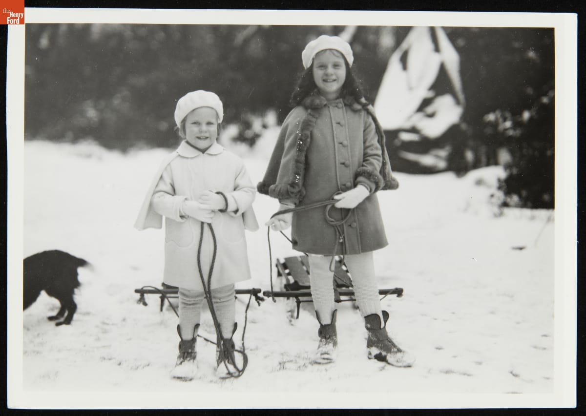 Martha and Elizabeth Firestone with Sleds, circa 1930