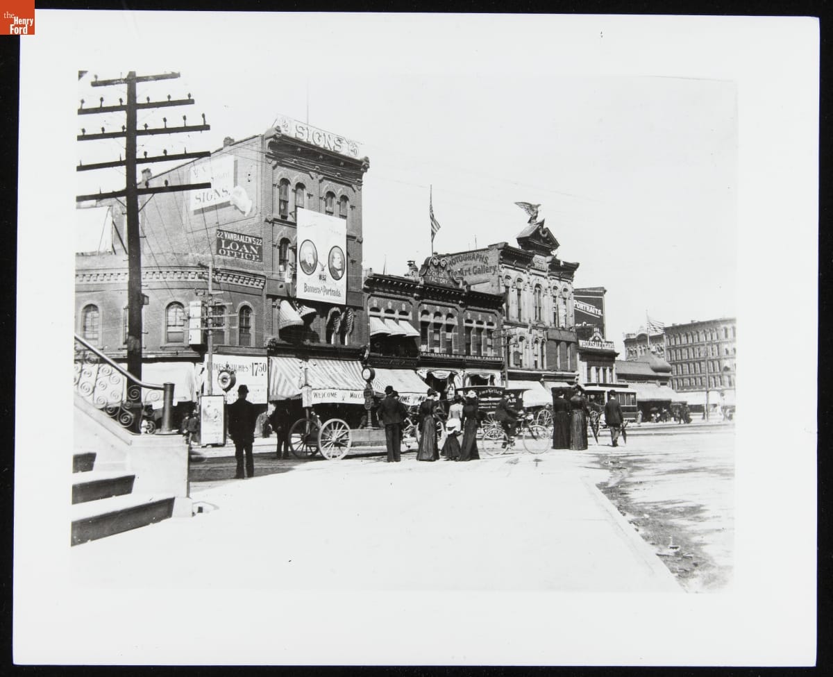 Businesses along Michigan Avenue between Woodward Avenue and Griswold Street, Detroit, Michigan, 1892