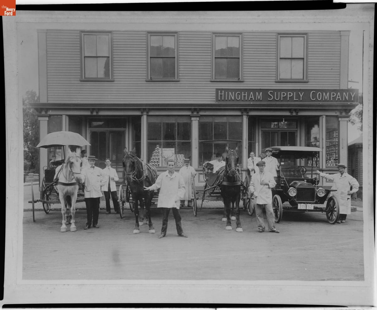 Hingham Supply Company Workers with Horse-Drawn Grocery Wagons and Ford Model T Delivery Car, 1914