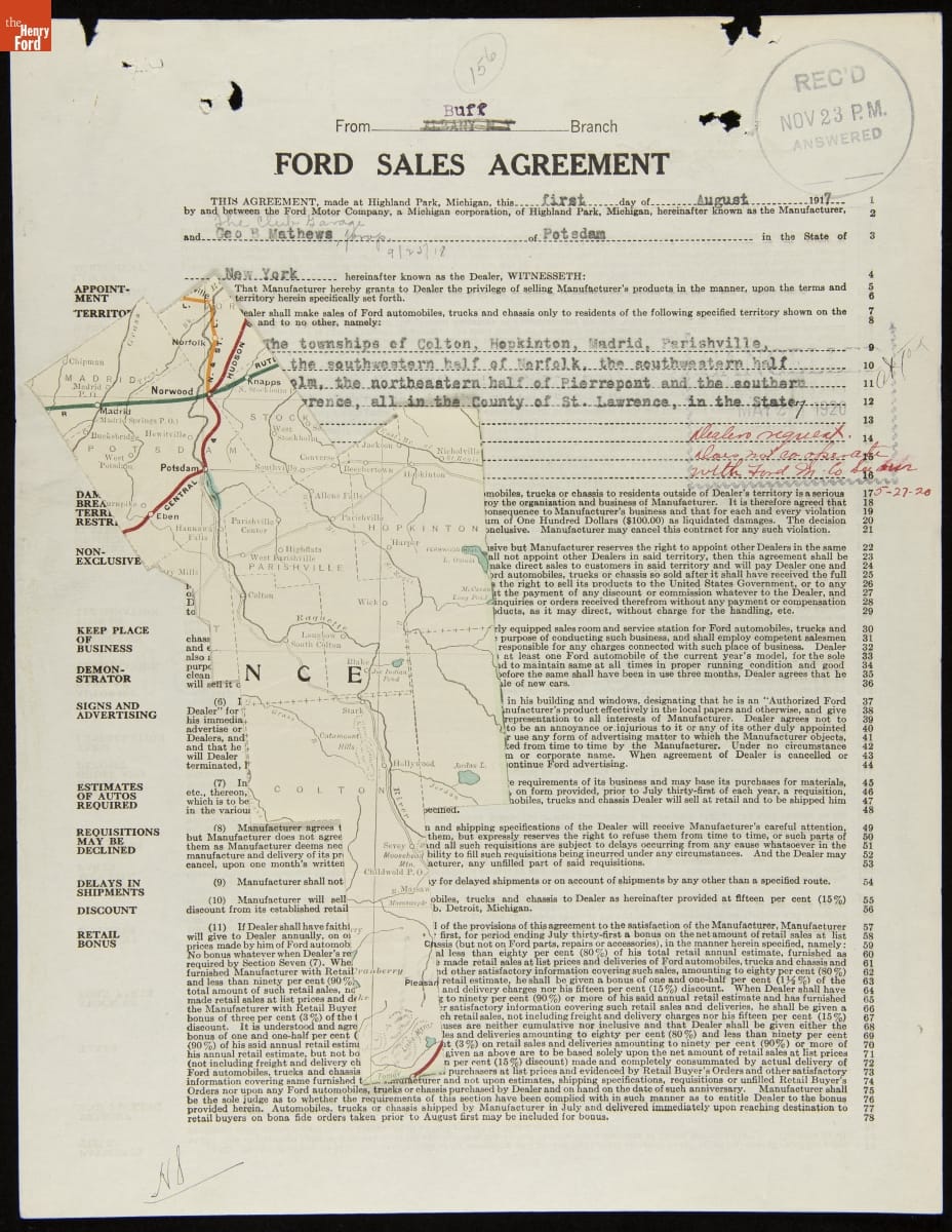 Cancelled Ford Sales Agreement for The Club Garage, Potsdam, New York, May 27, 1920