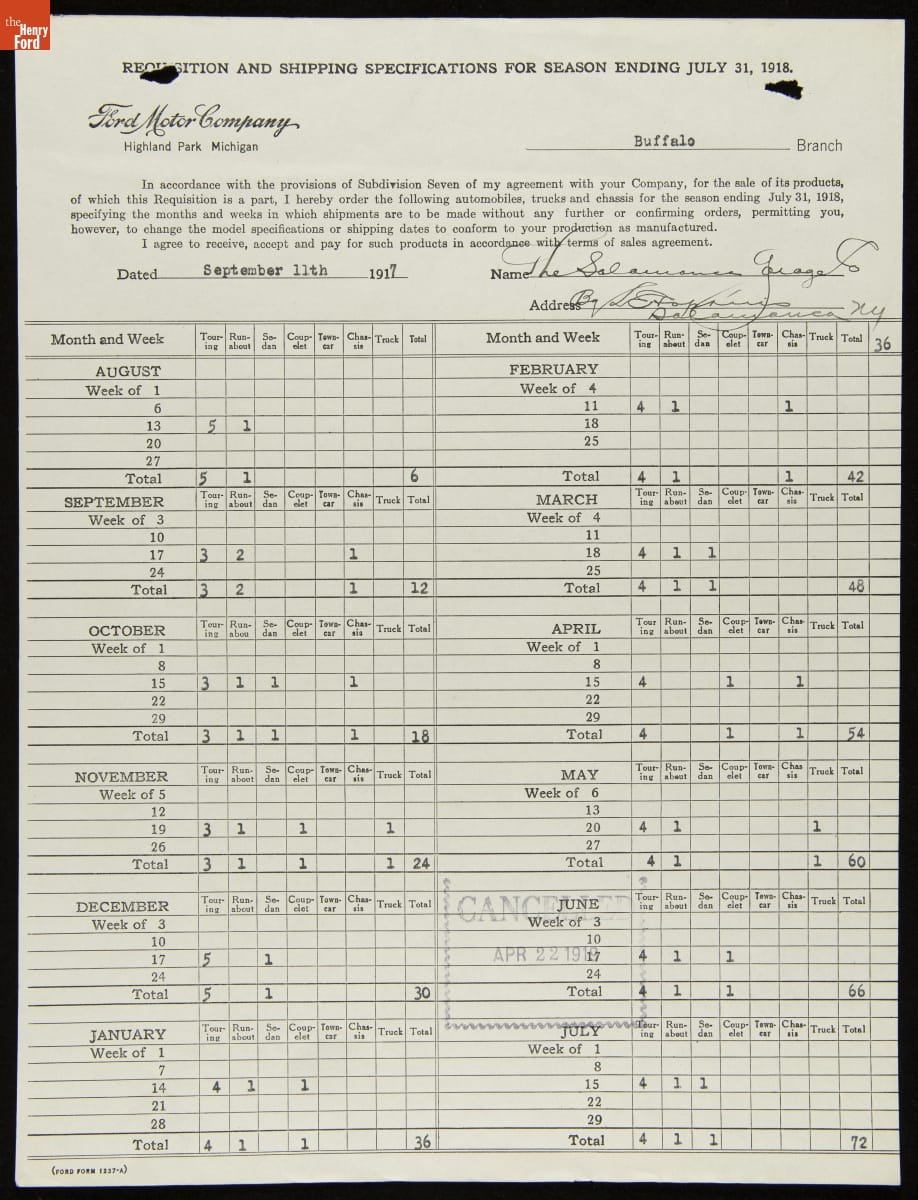Cancelled Requisition Form for Hopkins-Chase Motor Company, Salamanca, New York, April 22, 1919
