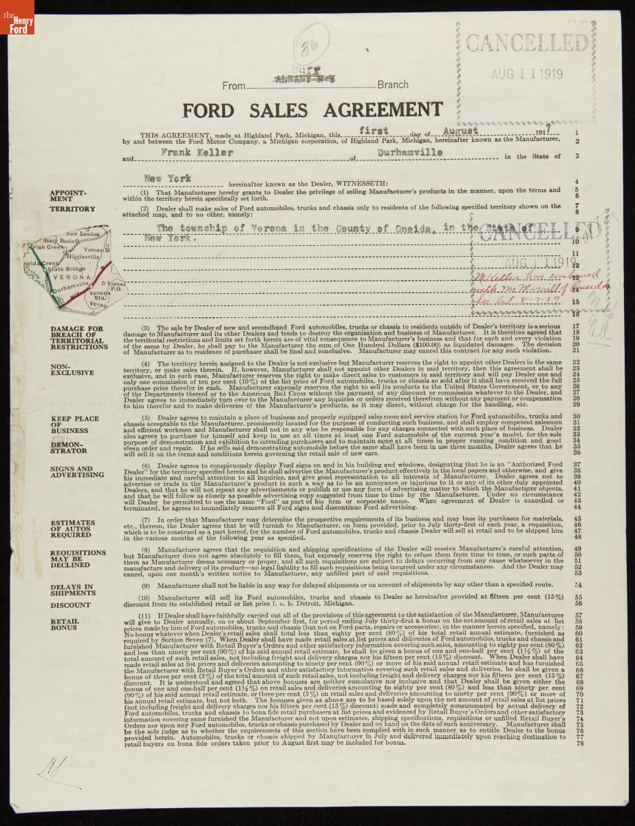 Cancelled Ford Sales Agreement for Frank Keller, Durhamville, New York, August 11, 1919
