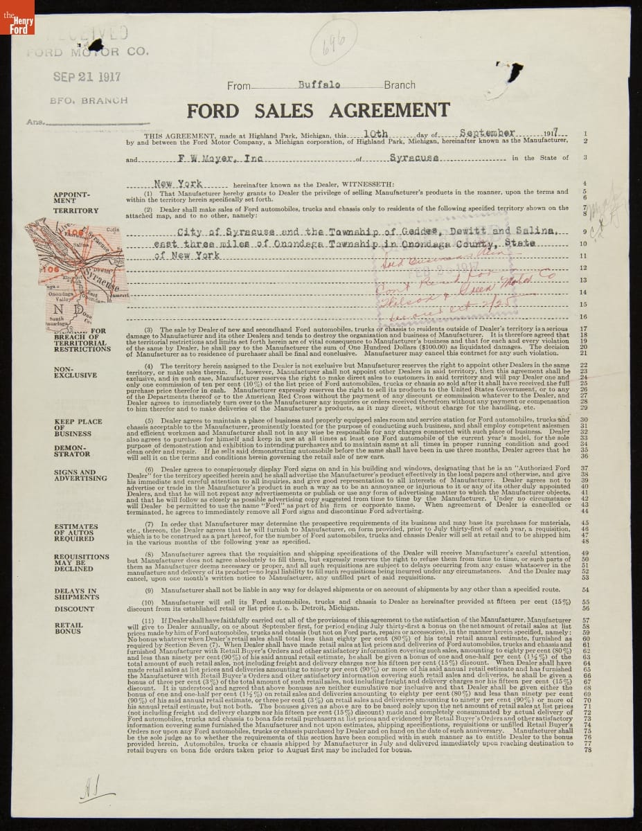 Cancelled Ford Sales Agreement for F.W. Mayer, Inc., Syracuse, New York, September 10, 1917