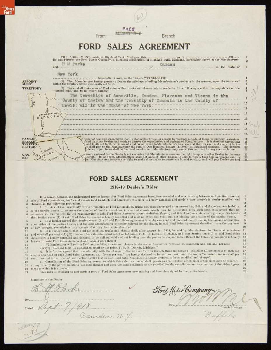 Cancelled Ford Sales Agreement for H.M. Parke, Camden, New York, September 7, 1918