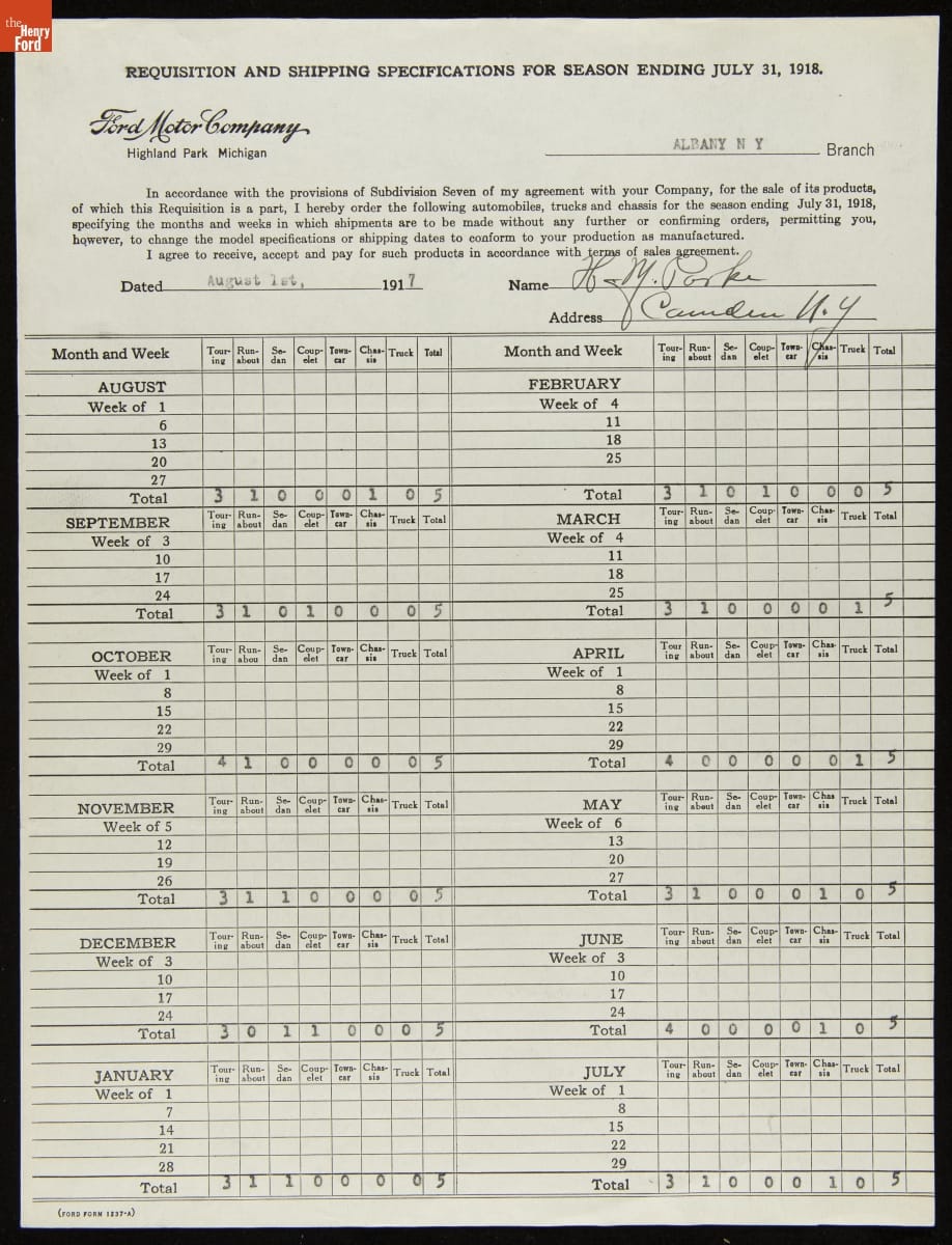 Requisition Form for for H.M. Parke, Camden, New York, August, 1, 1917