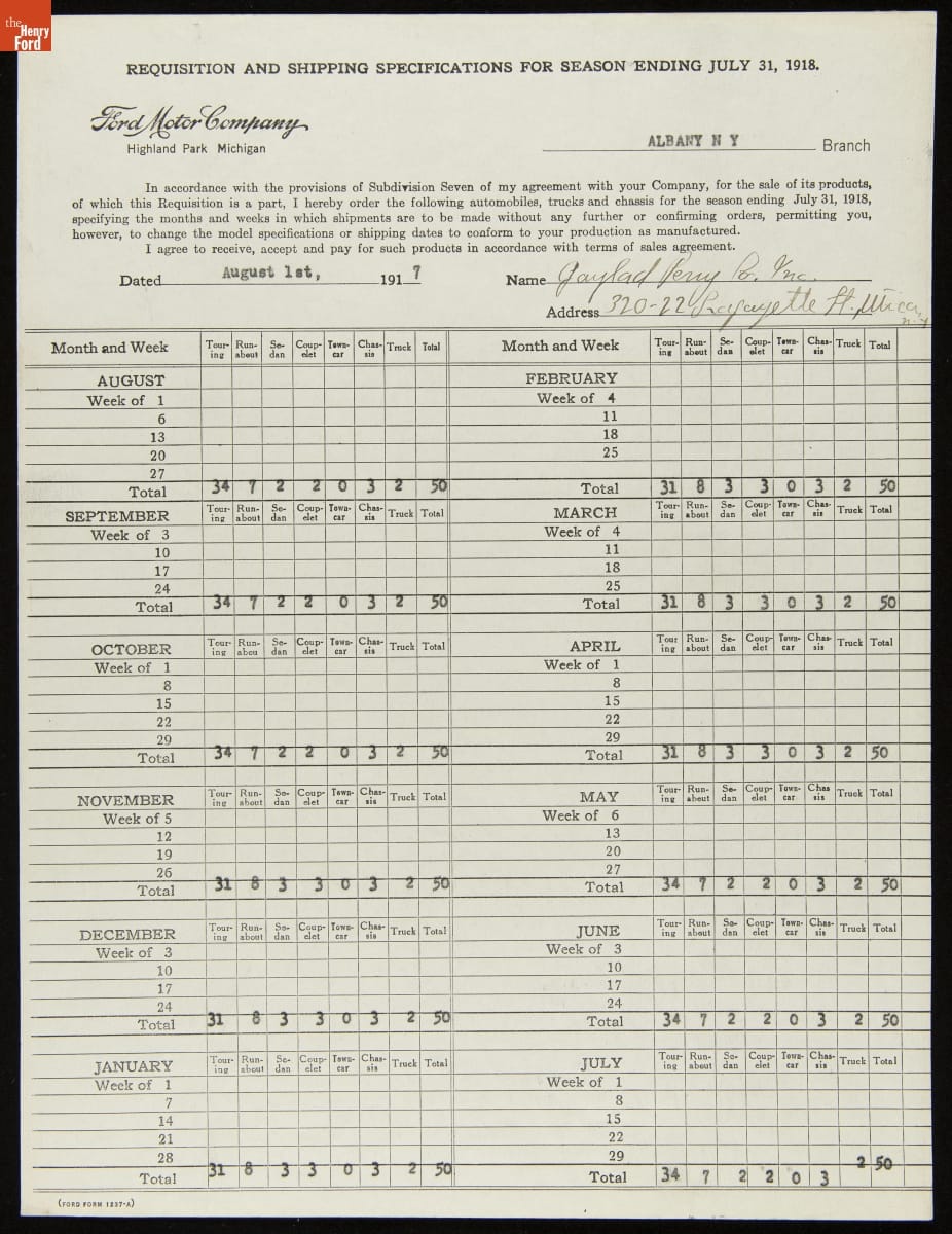 Requisition Form for Gaylord Perry Co. Inc., Utica, New York, 1918