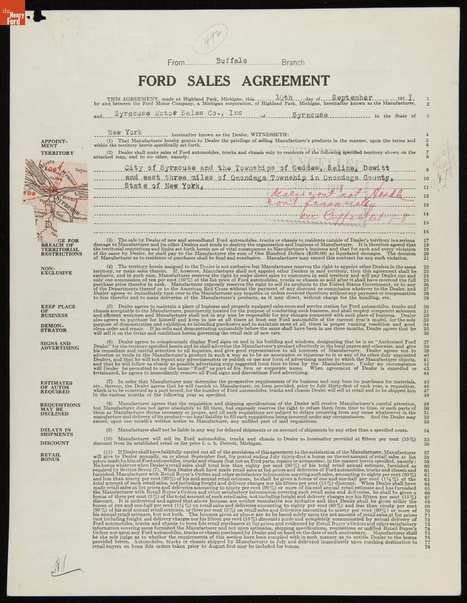 Cancelled Ford Sales Agreement for Syracuse Motor Sales Co., Inc., Syracuse, New York, July 8, 1918