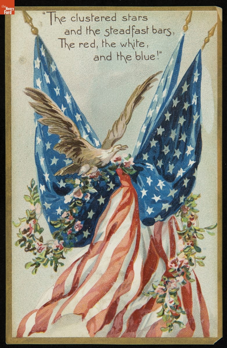 Postcard, "The clustered stars and the steadfast bars, The red, the white, and the blue!," 1908