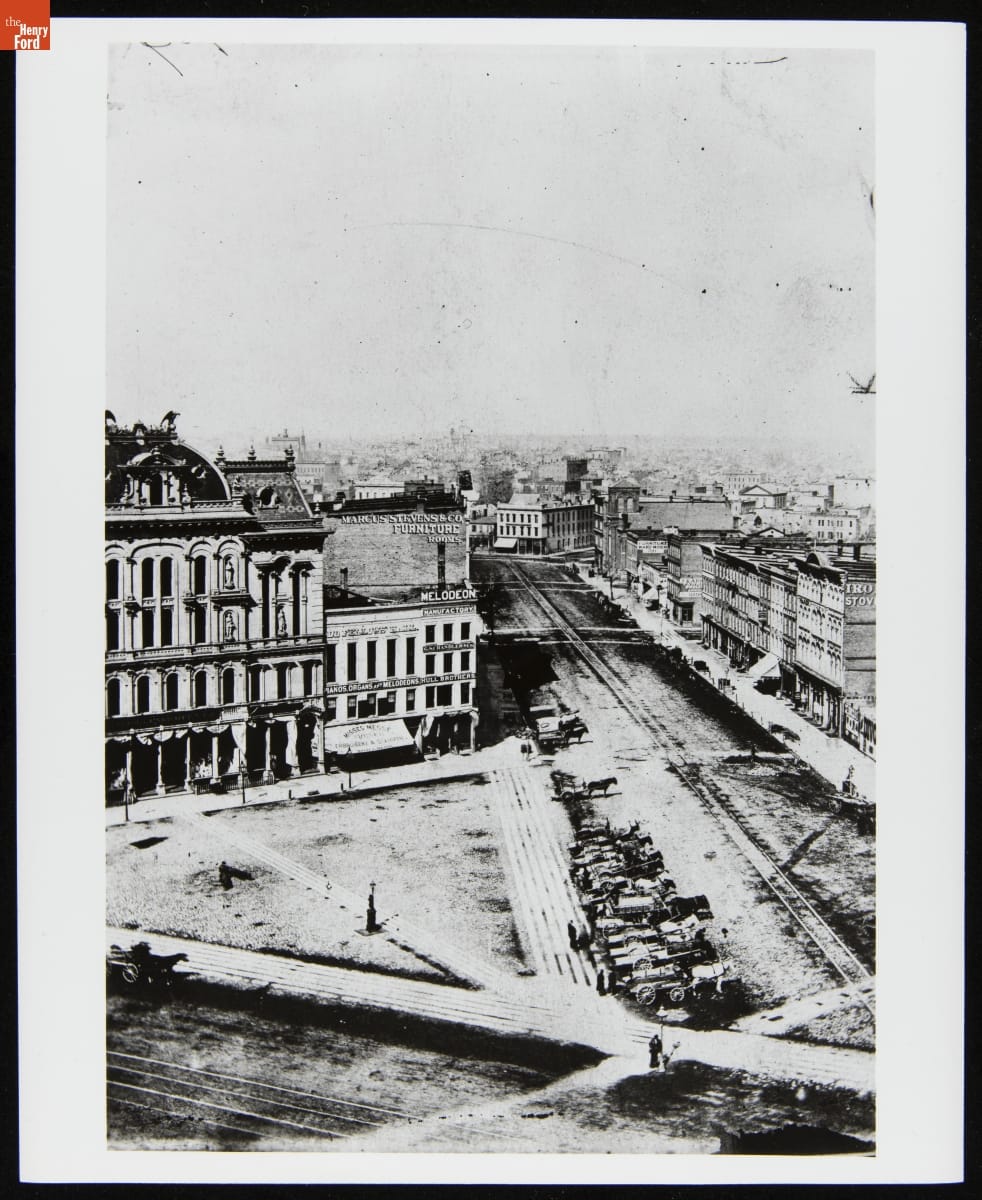 View of Campus Martius from Monroe Street, Detroit, Michigan, 1869-1879