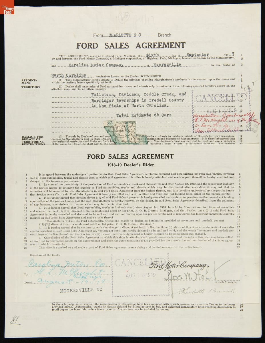 Cancelled Ford Sales Agreement for Carolina Motor Company, Mooresville, North Carolina, August 14, 1919