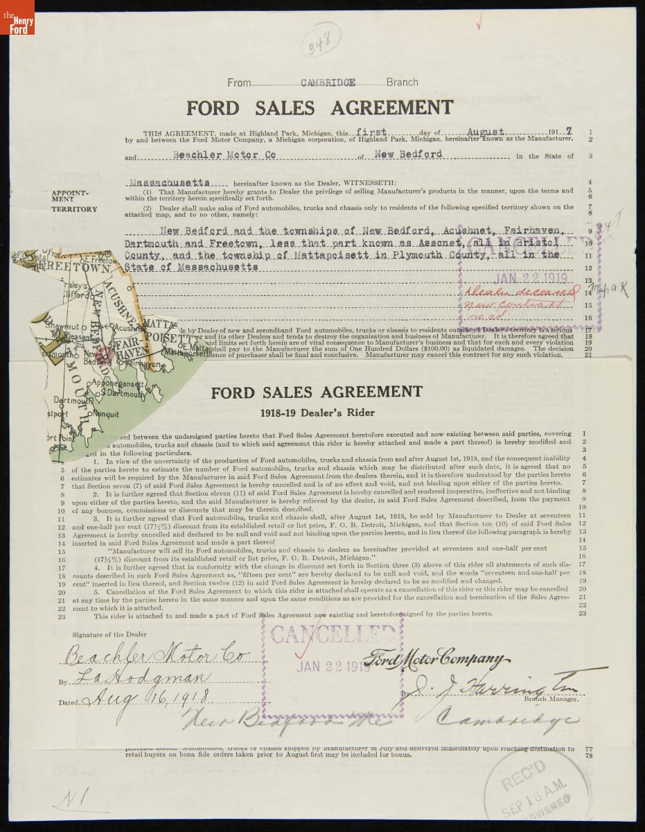 Cancelled Ford Sales Agreement for Beachler Motor Co., New Bedford, Massachusetts, January 22, 1919