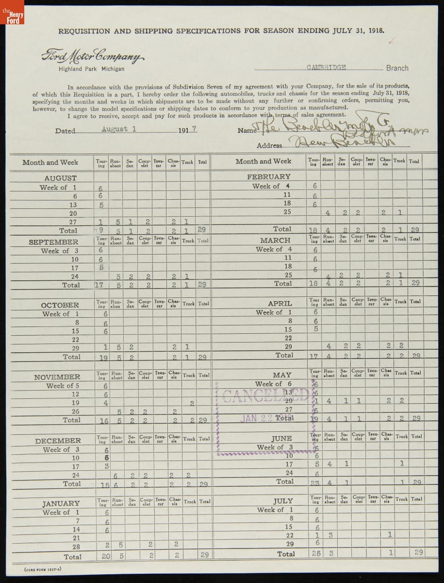 Cancelled Requisition Form for Beacler Motor Co., New Bedford, Massachusetts, January 22, 1919